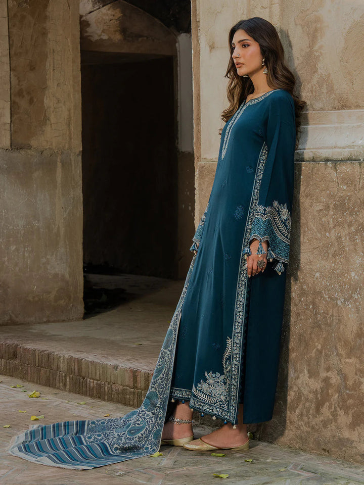 IZEL-3PC DHANAK EMBROIDERED SHIRT WITH COURTRAI PRINTED SHAWL & TROUSER-BIC-4364 B