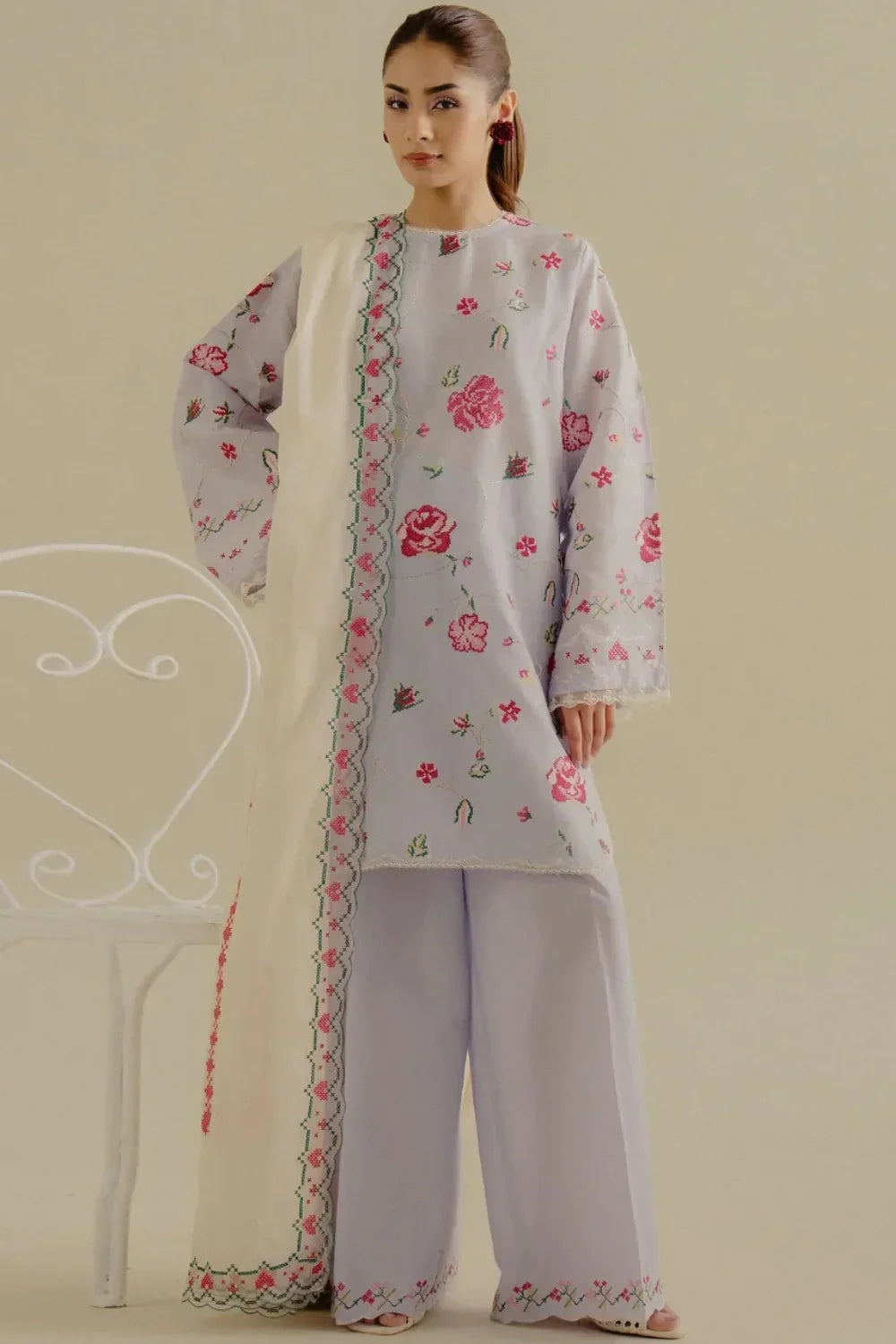 ELEGANT DHANK SUIT WITH HEAVY NECK EMBROIDERY & PRINTED SHAWL -MG
