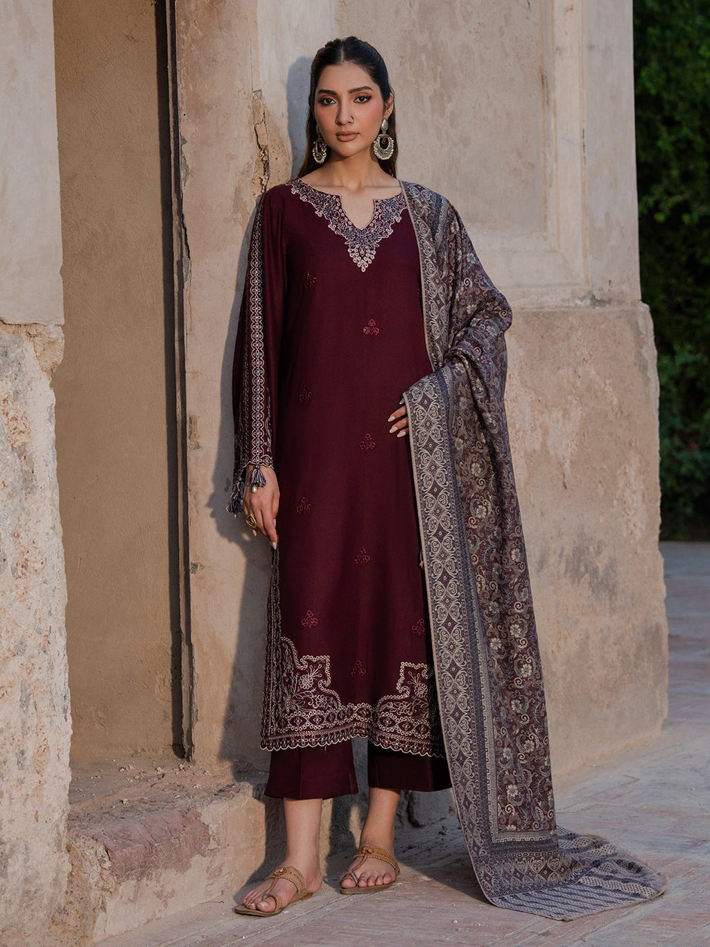 IZEL-3PC DHANAK EMBROIDERED SHIRT WITH COURTRAI PRINTED SHAWL & TROUSER-BIC-4364