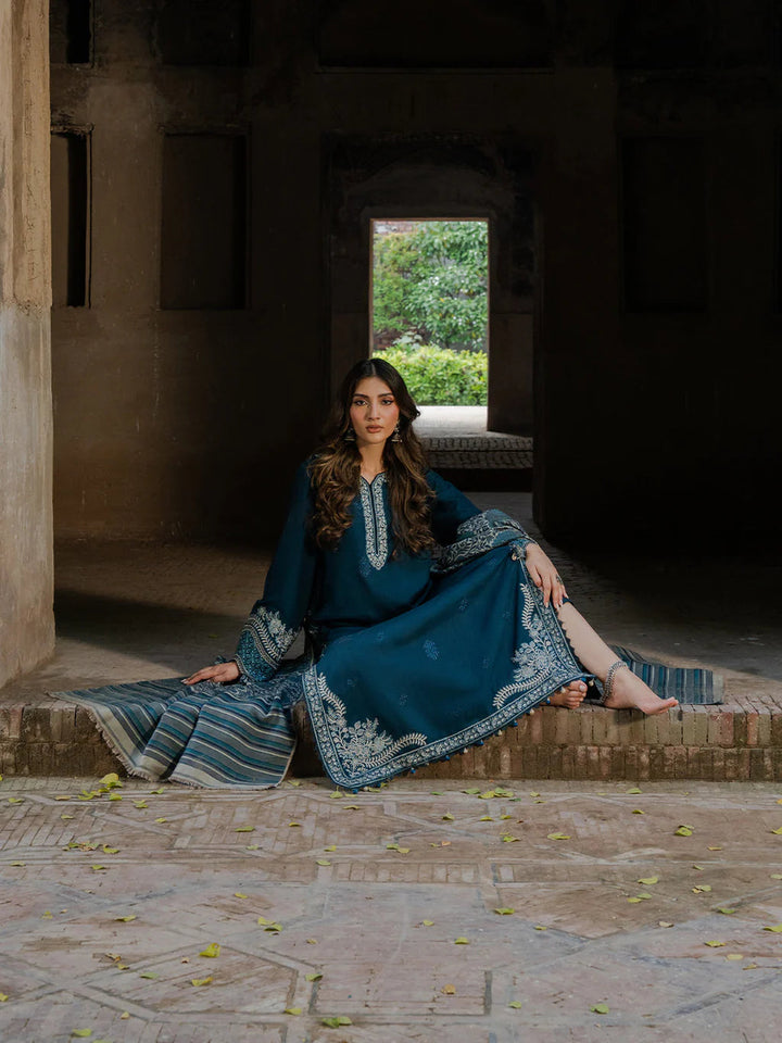 IZEL-3PC DHANAK EMBROIDERED SHIRT WITH COURTRAI PRINTED SHAWL & TROUSER-BIC-4364 B