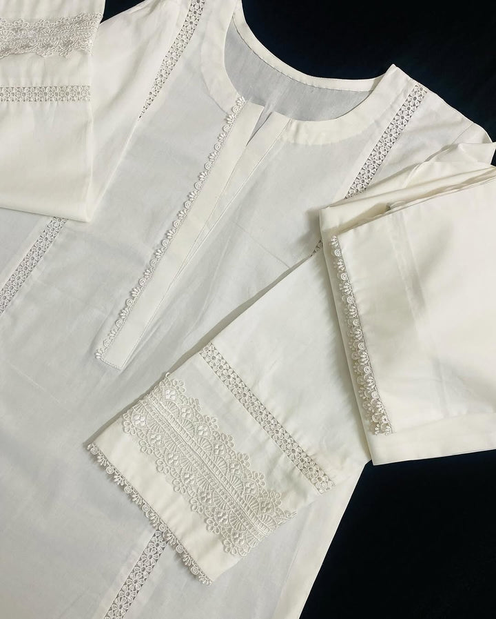 CH 375 - White Lace Work  2 Pc Stitched Suit
