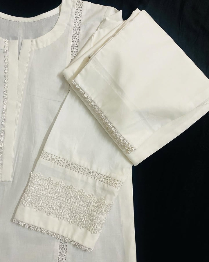 CH 375 - White Lace Work  2 Pc Stitched Suit