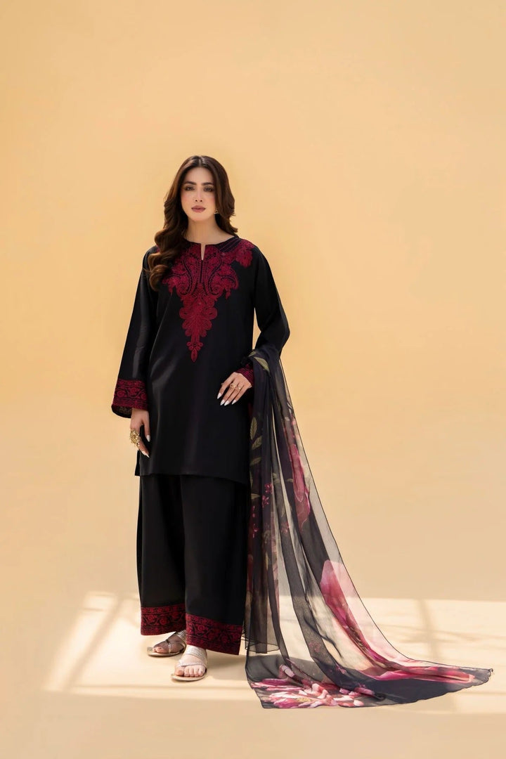MRS-394 | Embroidered Black Linen 3 Piece Stitched Dress