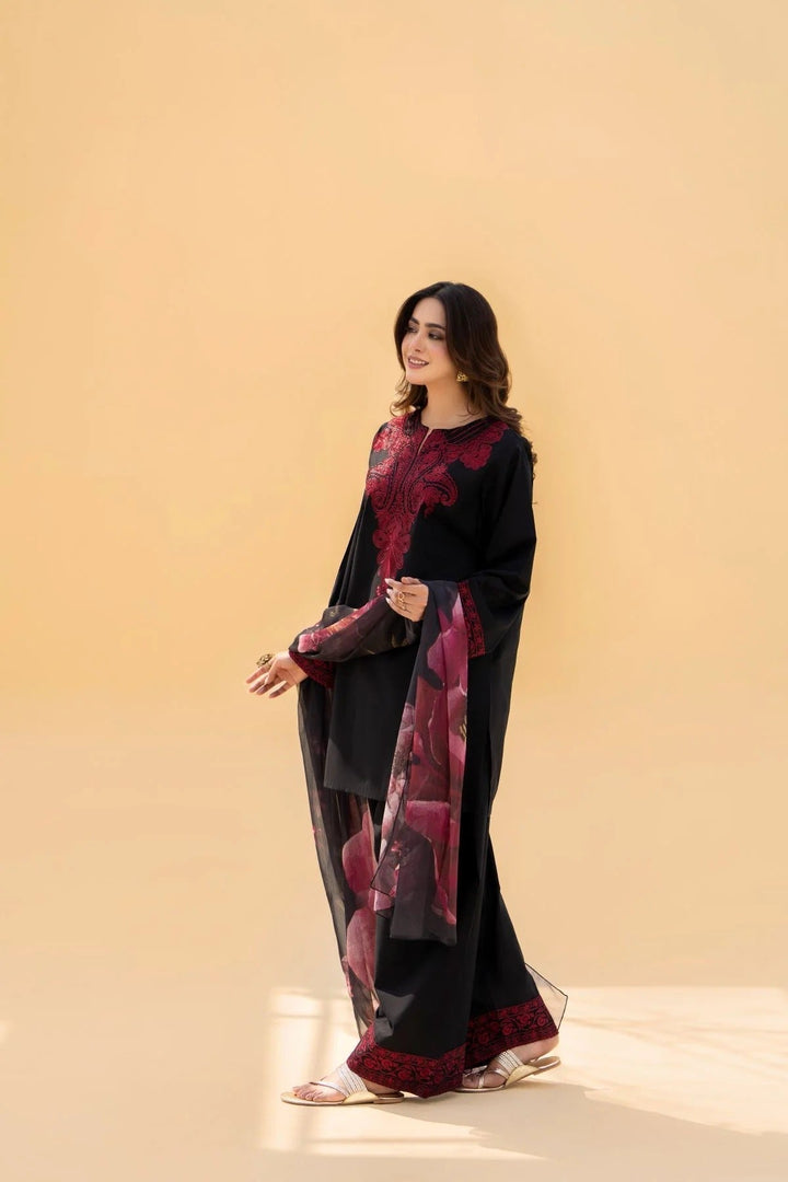 MRS-394 | Embroidered Black Linen 3 Piece Stitched Dress