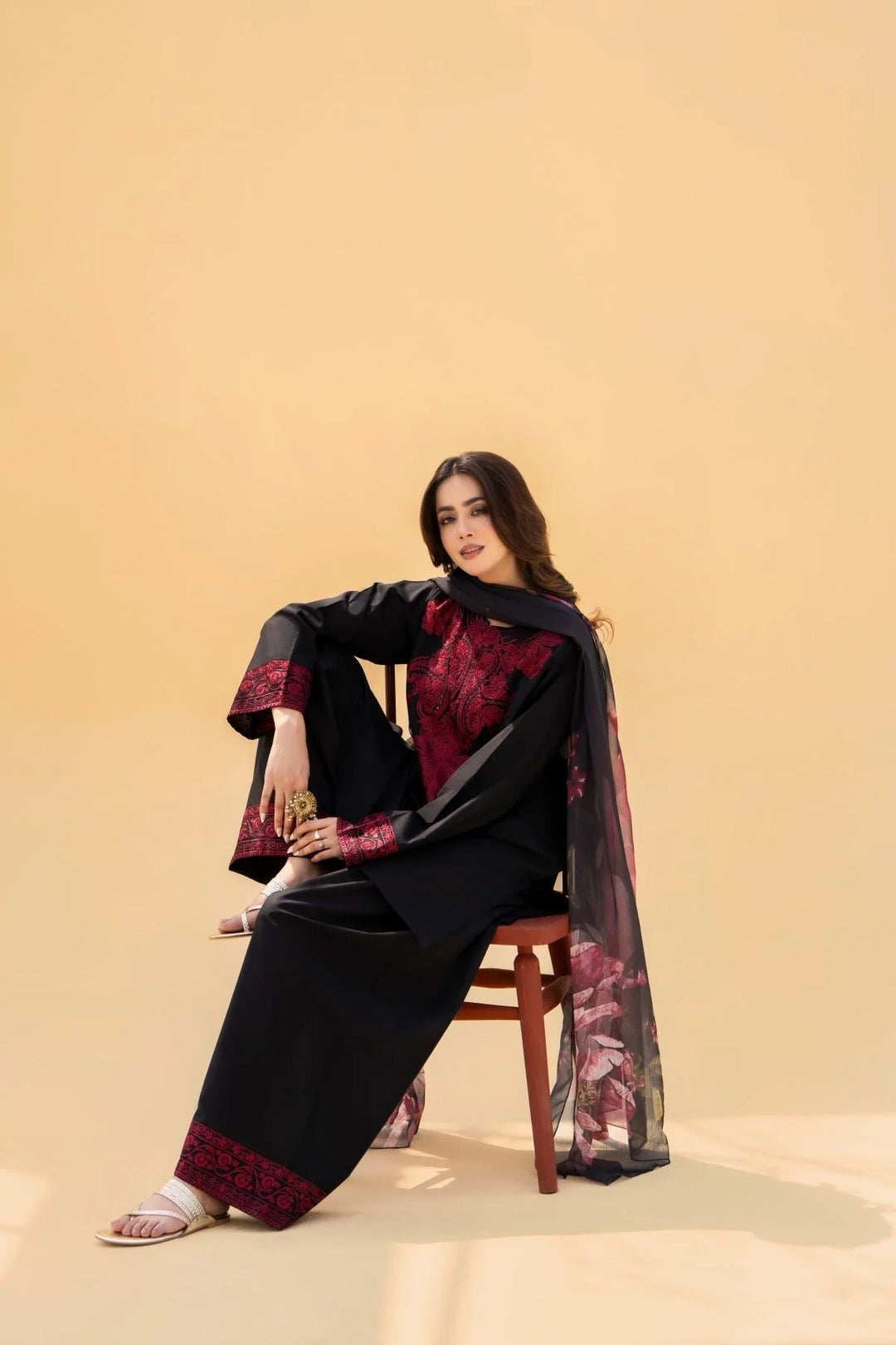 MRS-394 | Embroidered Black Linen 3 Piece Stitched Dress