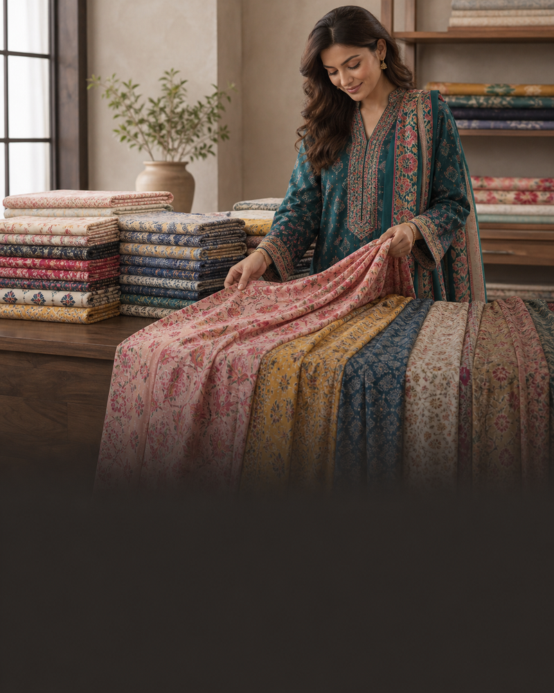 Woman browsing colorful printed lawn fabrics in a textile studio