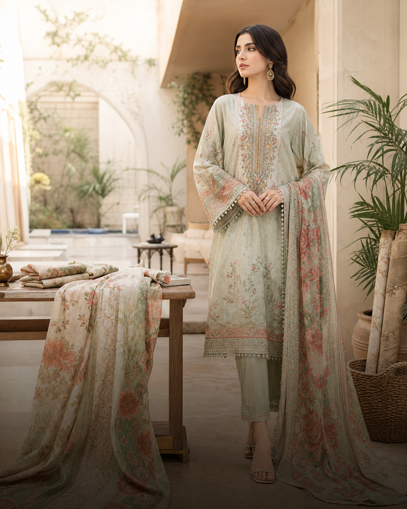 Pakistani unstitched lawn collection in a sunlit courtyard