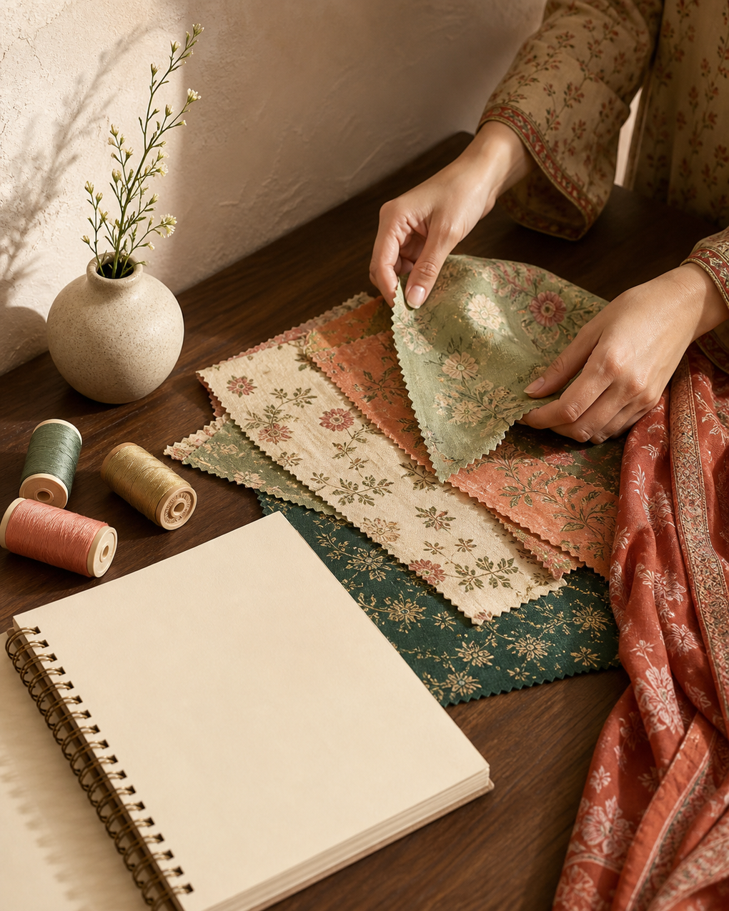 Fabric swatches and sketchbook in a sunlit textile atelier